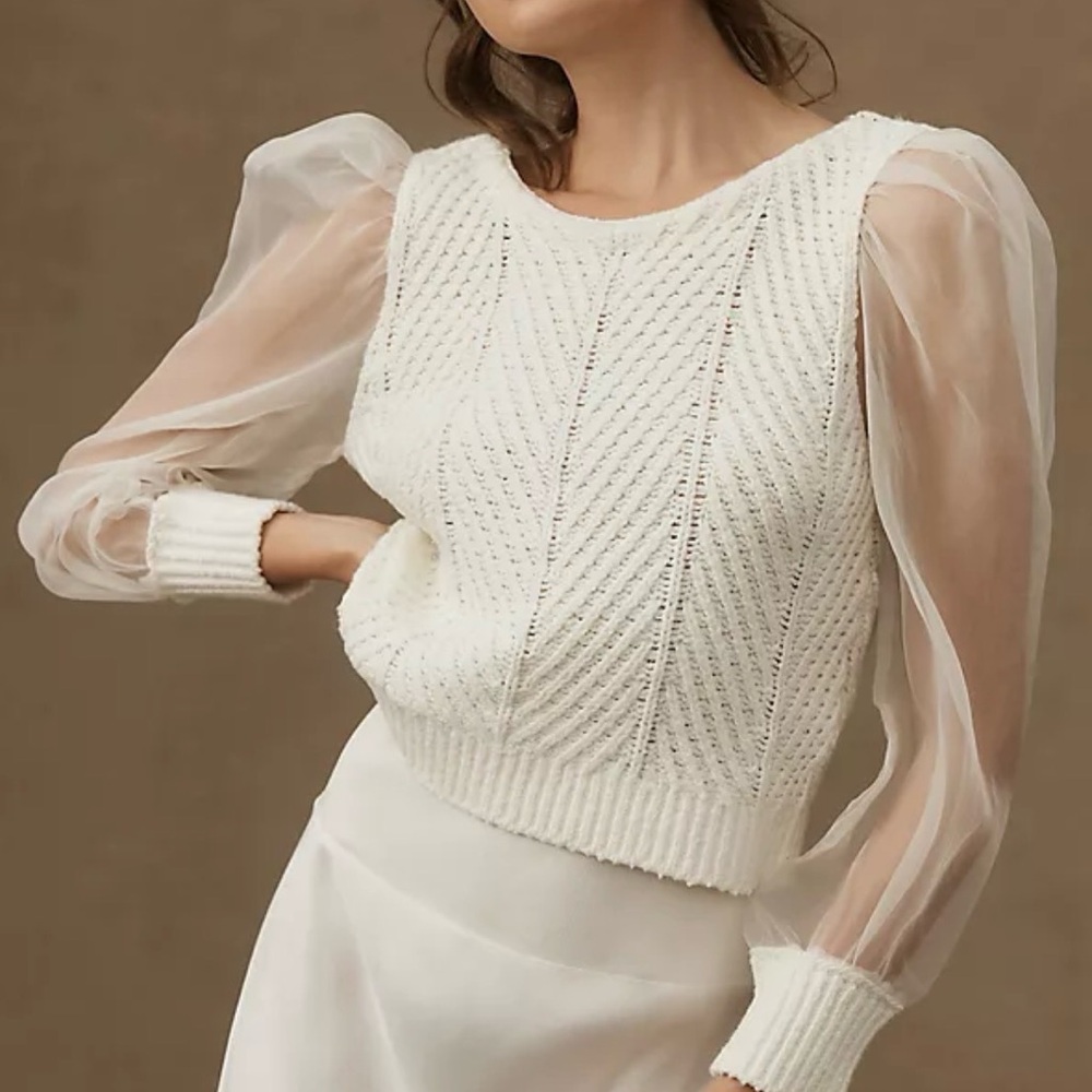 Maeve cable twofer sweater vest- Cream Knit Sweater with Sheer Puff Sleeves